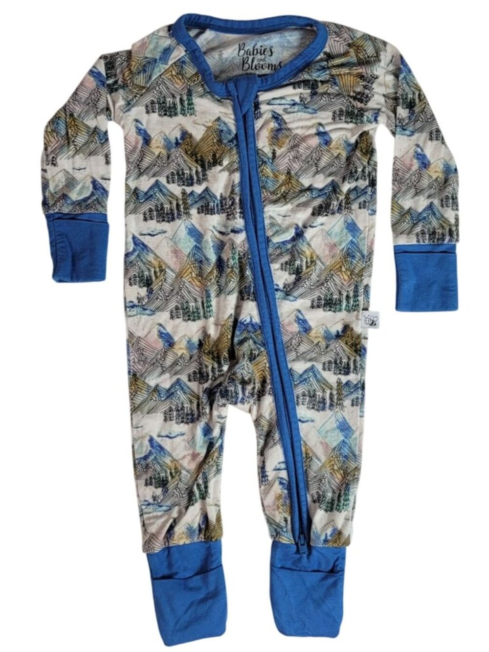 Babies & Blooms Boy Bamboo Pajamas Blue Dual Zip 0-3M Alpine Dreams Mountains
